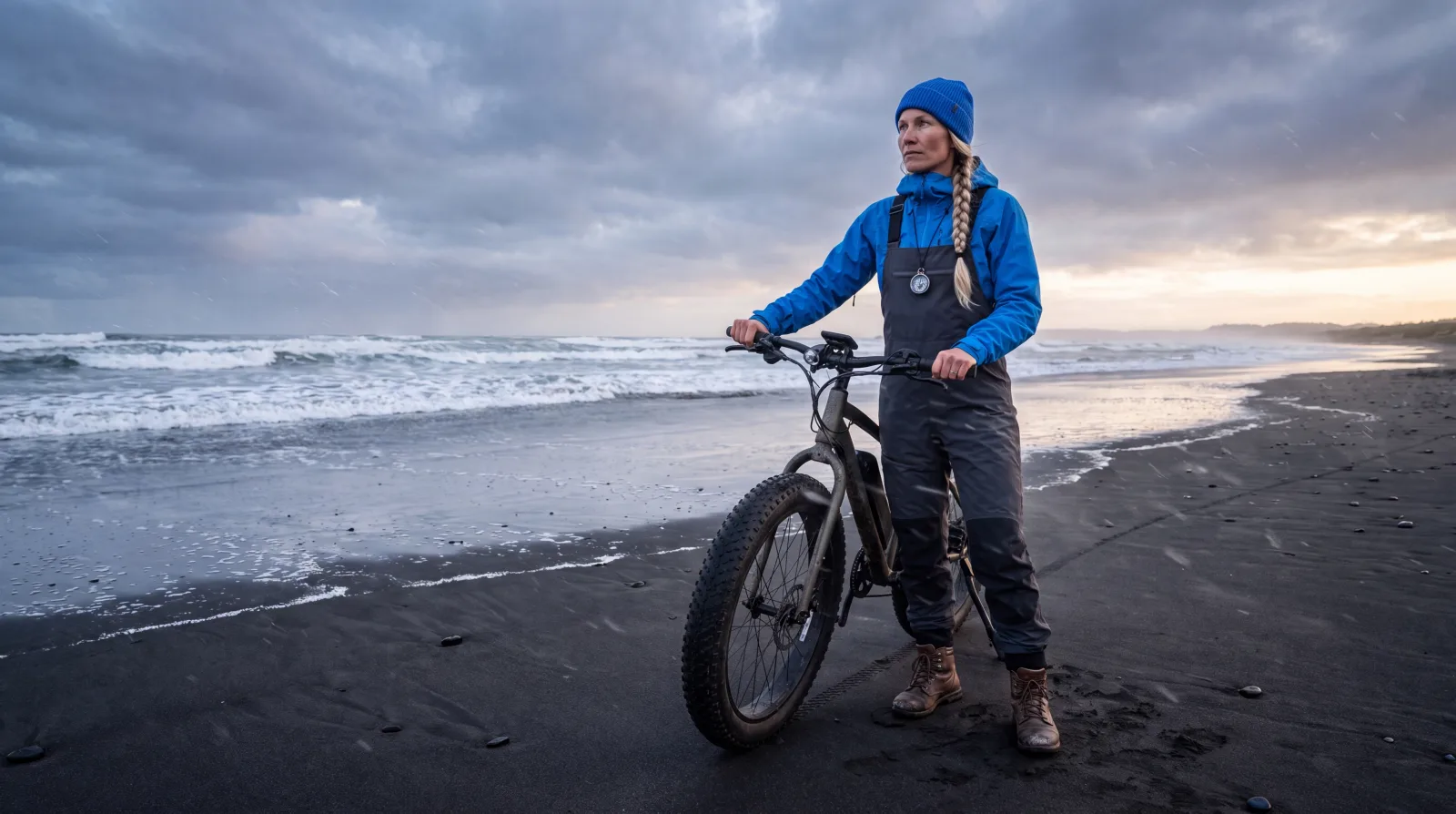 A fat-tire e-bike parked on packed sand beside a snowy trailhead
