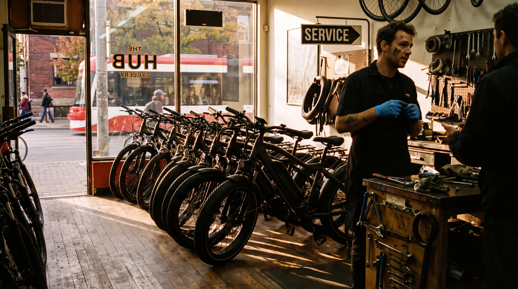 A shop floor, rows of bikes, a mechanic mid-conversation