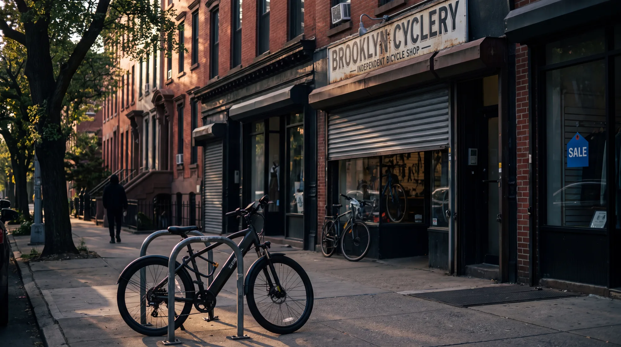 First light over a row of American storefronts, an independent bike shop's gate half raised