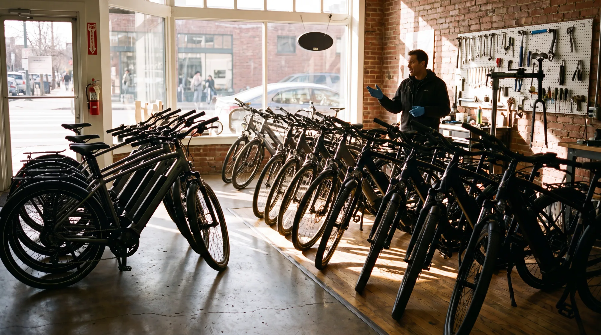 A shop floor, rows of bikes, a mechanic mid-conversation